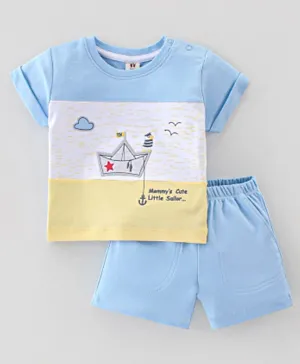 ToffyHouse Half Sleeves T-Shirt and  Shorts Set With Boat Embroidery - Blue