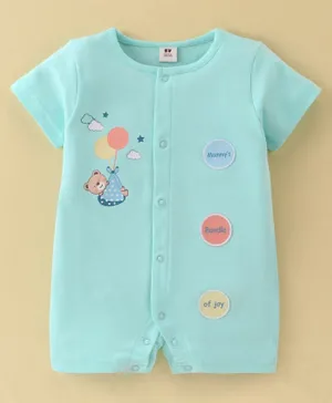ToffyHouse Cotton Half Sleeves  Rompers with Teddy Print & Patch  Details - Sea Green