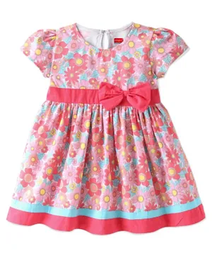 Babyhug Poplin Half Sleeves Frock with Bow Applique Floral Print - White & Pink