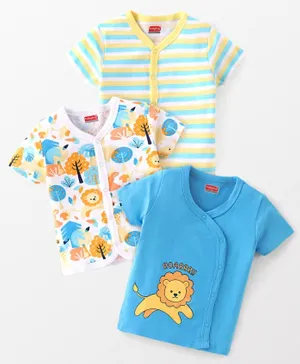 Babyhug 100% Cotton Knit Half Sleeves Vests Lion Print Pack of 3 - Multicolour