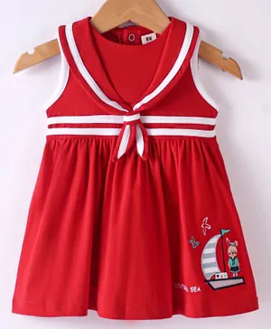 ToffyHouse Cotton Knit Sleeveless Frock Boat Patch & Embroidery - Red