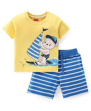 Babyhug 100% Cotton Knit Half Sleeves T-Shirt & Shorts With Teddy Print - Yellow & Blue