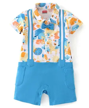 Babyhug 100% Cotton Knit Half Sleeves Party Romper with Bow Tie & Bunny Print - Blue