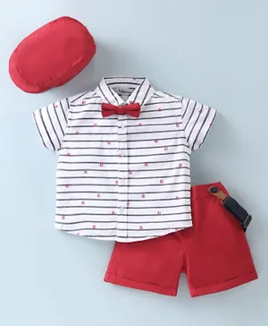 ToffyHouse Cotton Party Wear Half Sleeves Shirt & Shorts Set with Cap Bow & Suspender  - Red & White