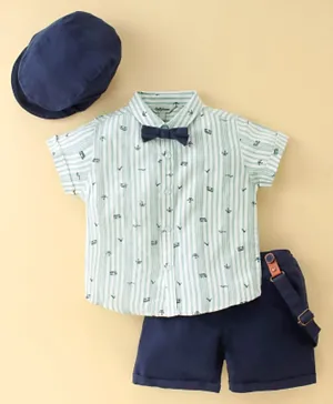 ToffyHouse Cotton Party Wear Half Sleeves Striped Shirt & Shorts Set with Cap Bow & Suspender - Green & Blue