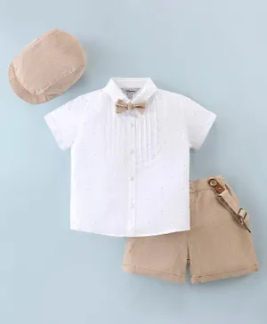 ToffyHouse Cotton Woven Party Wear Half Sleeves Printed  Shirt & Shorts Set with Cap Bow & Suspender - Khaki & White