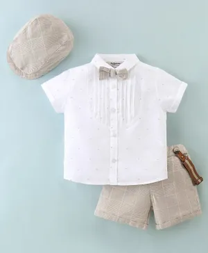 ToffyHouse Cotton Woven Party Wear Half Sleeves Printed Shirt & Checked Shorts Set with Cap Bow & Suspender - Khaki & White