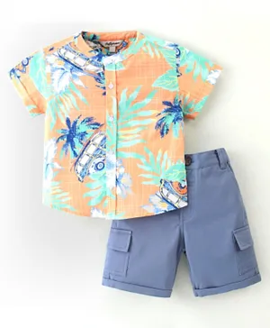 ToffyHouse Half Sleeves Shirt & Shorts Set With Tropical - Blue & Peach