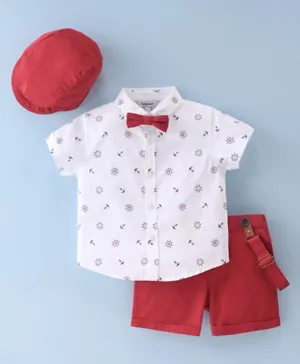 ToffyHouse Cotton Party Wear Half Sleeves Printed Shirt & Shorts Set with Cap Bow & Suspender - Red & White