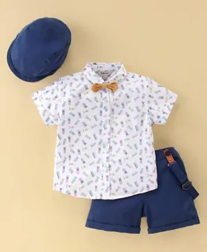 ToffyHouse Cotton Party Wear Half Sleeves Printed Shirt & Shorts Set with Cap Bow & Suspender - Navy Blue & White
