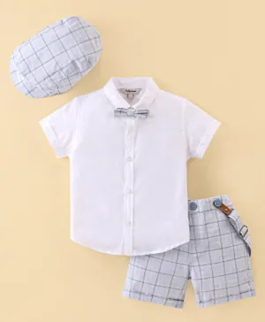ToffyHouse Cotton Half Sleeves Shirt & Checkered Shorts Set with Bow Tie Suspender & Cap - Grey & White