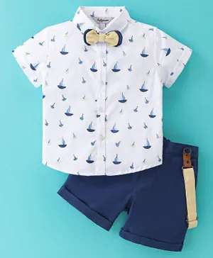 ToffyHouse Cotton Half Sleeves Boat Printed Party Shirt & Shorts Set with Bow & Suspender - Navy Blue & White