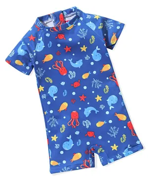 Babyhug Raglan Half Sleeves Marine Life Printed Legged Swimsuit - Navy Blue