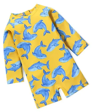 Babyhug Raglan Full Sleeves Whale Printed Legged Swimsuit - Yellow