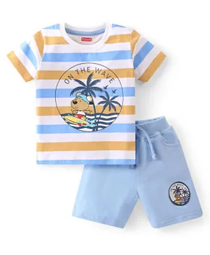 Babyhug 100% Cotton Jersey Knit Half Sleeves Striped T-Shirt and Shorts Set with Tropical Print - Blue