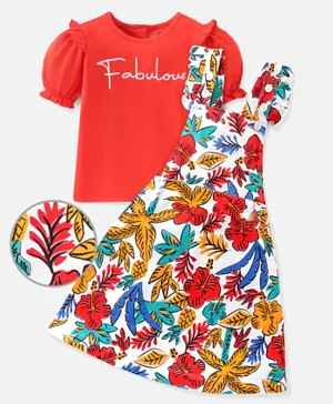 Ollington St. 100% Cotton Half Sleeves Top With Ruffles And Floral Printed Knit Pinafore - Red & Multicolor