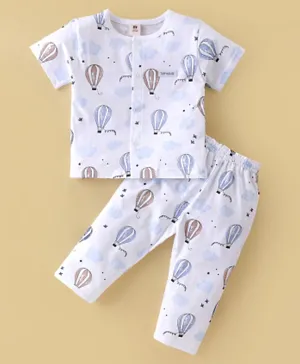 ToffyHouse Cotton Knit Half Sleeves Night Suit/Co-ord Set With Air Balloon Print - White