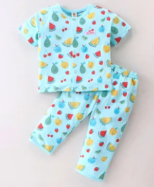 ToffyHouse Cotton Knit Half Sleeves Night Suit/Co-ord Set With Fruits Print - Blue