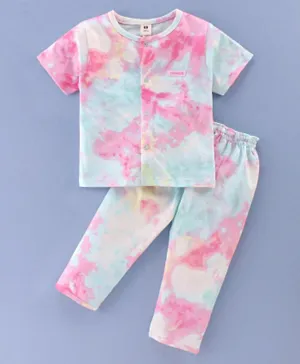 ToffyHouse Cotton Knit Half Sleeves Night Suit/Co-ord Set Colour Splash Print - Pink & Blue