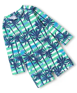 Babyhug Full Sleeves Coconut Trees Tropical Print Legged Swimsuit - Blue