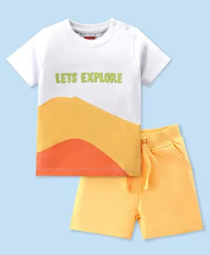 Babyhug 100% Cotton Single Jersey Knit Half Sleeves T-Shirt & Shorts Set Text Print - White & Yellow