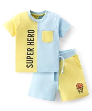 Babyhug 100% Cotton Single Jersey Knit Half Sleeves T-Shirt & Shorts Set Basketball Print - Yellow & Blue