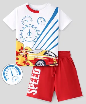 Ollington St. 100% Cotton Knit Half Sleeves T-Shirt & Shorts Set Speedometer Print – White & Red