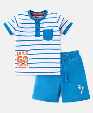 Babyhug 100% Cotton Knit Single Jersey Half Sleeves T-Shirt & Shorts Text Print & Striped - White & Blue