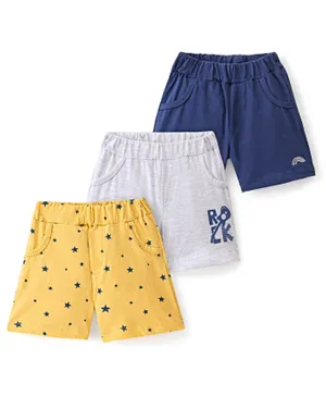 Doodle Poodle 100% Cotton Knit Above Knee Length Shorts Star Print Pack of 3 - Yellow Grey & Blue