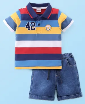 Babyhug Single Jersey Knit Half Sleeves Polo T-Shirt & Shorts Stripes & Number Embroidery - Multicolor & Blue