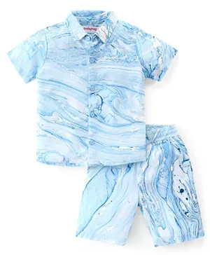 Babyhug 100% Viscose Woven Half Sleeves Shirt and Shorts/Co-ord Set Marble Print - Light Blue