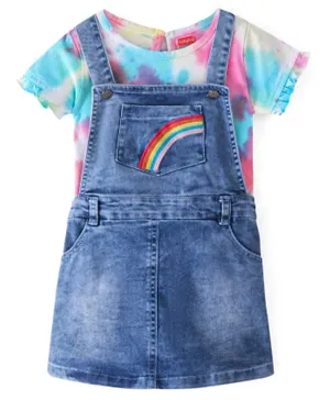 Babyhug Cotton Knit Half Sleeves T-Shirt &  Denim Frock Rainbow Tie & Die - Blue