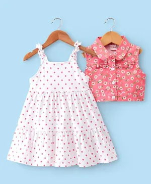 Babyhug Cotton Jersey Woven Sleeveless Frock with Sleeveless Jacket Floral Print - White & Pink
