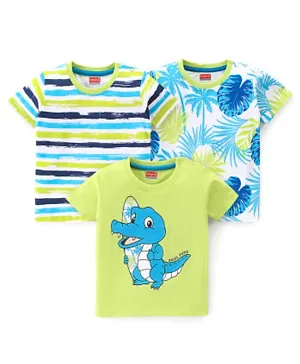 Babyhug Cotton Knit Half Sleeves T-Shirt with Striped Leaf & Crocodile Graphics Pack of 3 - White/Blue/Green