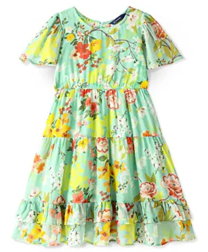 Pine Kids Cotton Woven Half Sleeve Frock With Floral Print - Multicolor
