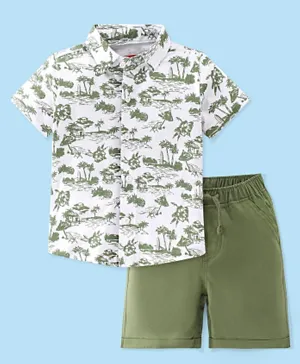 Babyhug Cotton Knit Half Sleeves Tropical Print Shirt & Shorts Set - Green & White
