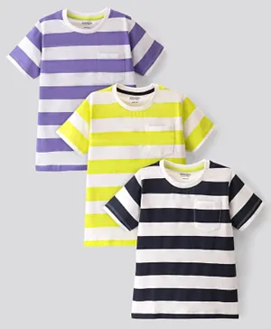 Primo Gino 100% Cotton Knit Half Sleeves Striped T Shirts Pack of 3 - Purple Green & Navy Blue