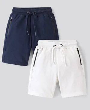 Primo Gino 100% Cotton Knit Knee Length Solid Color Shorts Pack Of 2 - White & Blue