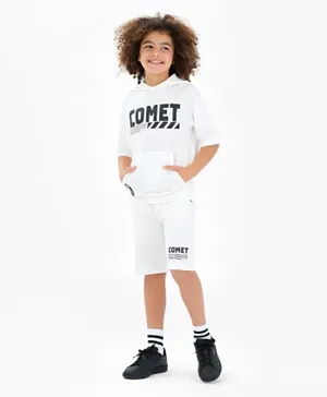 Primo Gino 100% Cotton Half Sleeves Hooded T-Shirt & Shorts Set With Text Print - White