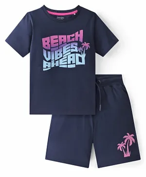 Primo Gino 100% Cotton Half Sleeves T-Shirt & Shorts Set Beach Theme - Blue
