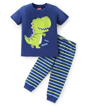 Babyhug Single Jersey Cotton Knit Half Sleeves Dino Print Night Suit - Navy Blue