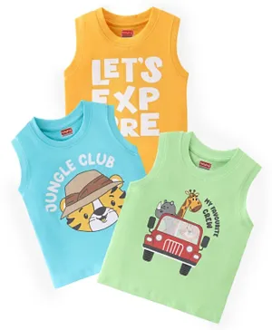 Babyhug 100% Cotton Knit Sleeveless T-Shirts with Text & Animal Graphics Pack of 3 - Blue/Green/Yellow
