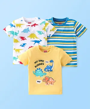 Babyhug 100% Cotton Half Sleeves T-Shirt Striped & Dino Print Pack of 3  - Multicolor