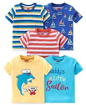 Babyhug 100% Cotton Knit Half Sleeves T-Shirts With Stripe Boat & Dolphin Graphics Pack of 5 - Multicolor