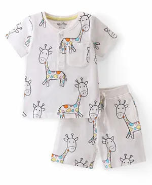Bonfino 100% Cotton Knit Half Sleeves T-Shirt & Shorts Set Giraffe Print - White