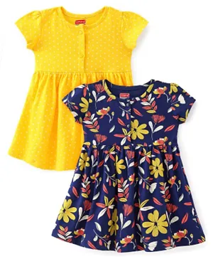 Babyhug Cotton Jersey Knit Half Sleeves Frock Floral Print Pack Of 2 - Yellow & Blue