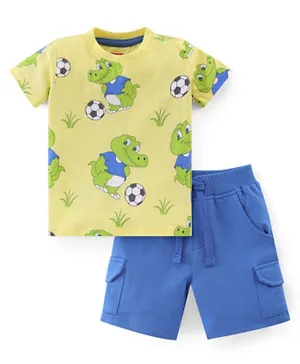 Babyhug 100% Cotton Knit Half Sleeves T-Shirt & Shorts With Crocodile Print - Yellow & Blue