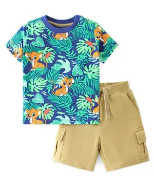 Babyhug Cotton Knit Half Sleeves T-Shirt & Shorts Set Cub Print - Blue