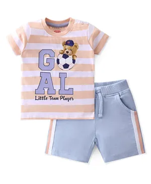 Babyhug Cotton Knit Half Sleeves Striped T-Shirt & Shorts Set Goal Print - Peach & Blue