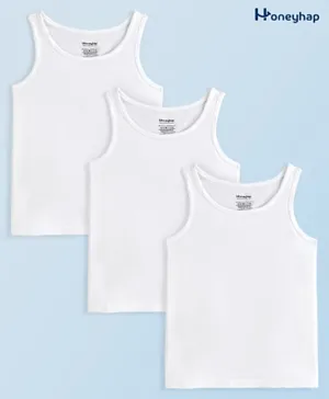 Honeyhap Premium Cotton Knit Elastane With Bio Finish Sleeveless Solid Colour Vests Pack of 3 - Bright white